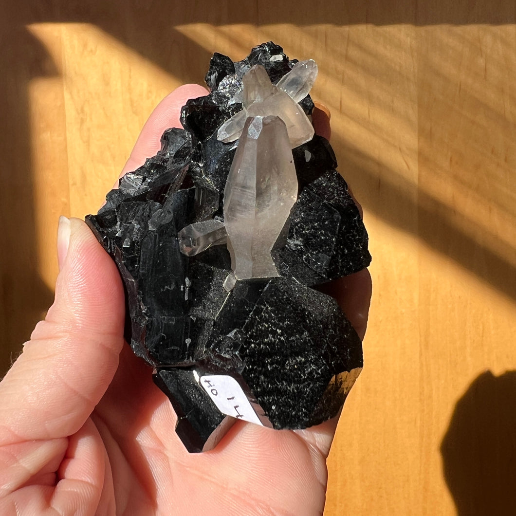 Hyalite Opal on Black Tourmaline/Smoky Quartz
